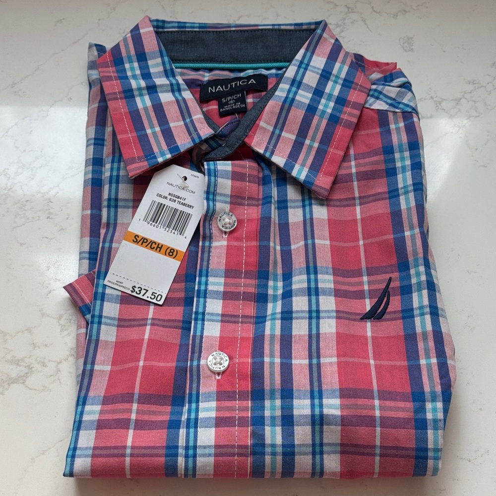 NWT Nautica Boys Pink and Blue Plaid ButtonDown Collared Shirt - Size 8
